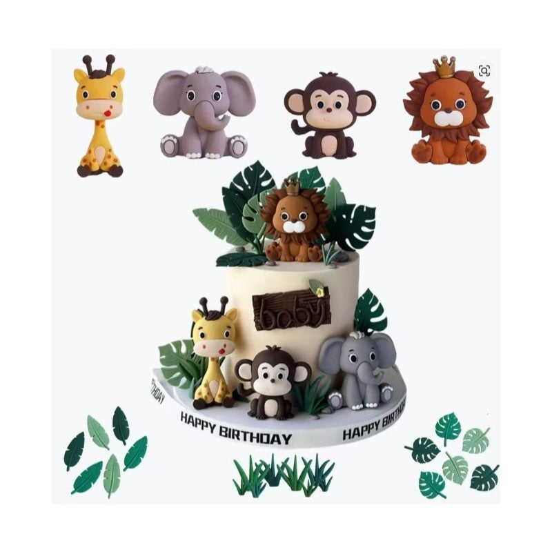 Jungle Safari Animal Birthday Cake Topper – Lion, Monkey, Giraffe & Elephant Theme