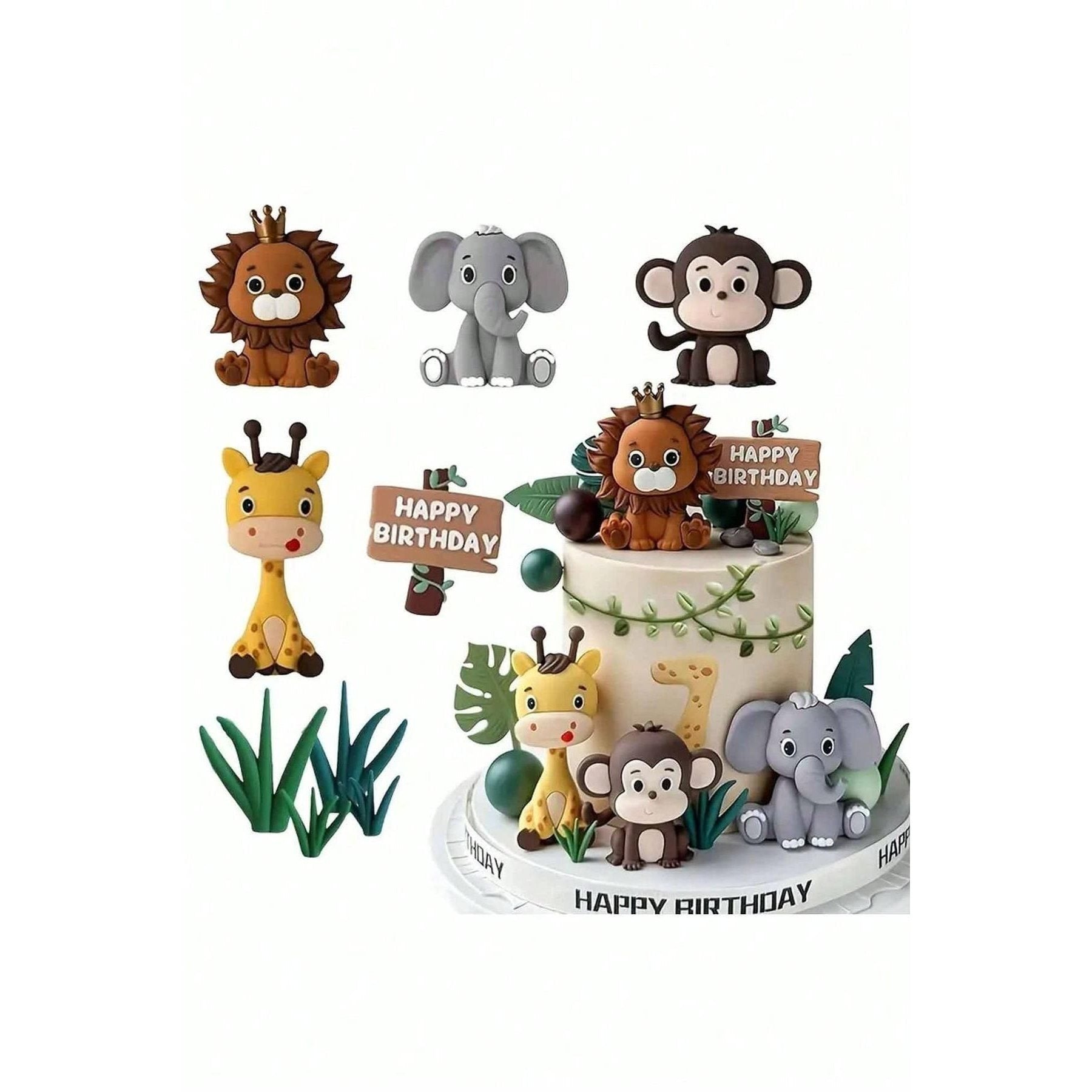 Jungle Safari Animal Birthday Cake Topper – Lion, Monkey, Giraffe & Elephant Theme